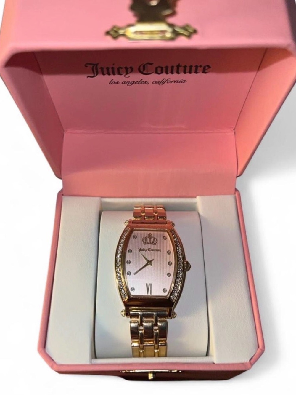 Juicy Couture Gold Crystal-Trim Women's Bracelet Watch With Pink Bezel